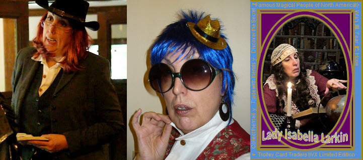 Owl Post Lady in frock coat and cowboy hat, lue haired editor lady with large sunglasses and small gold fedora, and Lady Larkin character with long brown curly hair, a corcheted lace caplet,. The last sits in front of a bookcase and ponders a globe