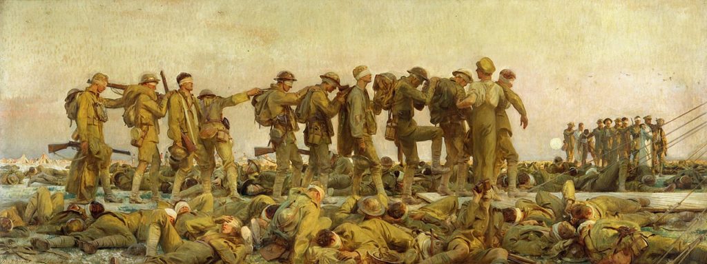 Gassed (painting) by John SInger Sargent 1919 Wounded & gassed World War 1 soldiers march in a line, each with a hand on the man before him
