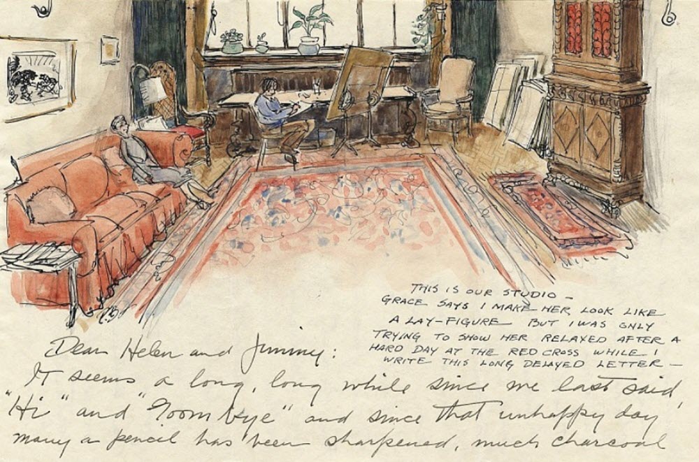 Handwritten letter with pen and ink drawing of artist studio