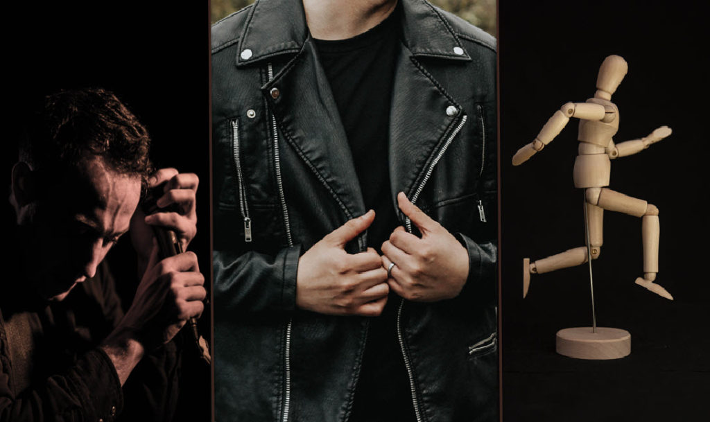 Man & microphone, person in leather lacket, wood art mannequin