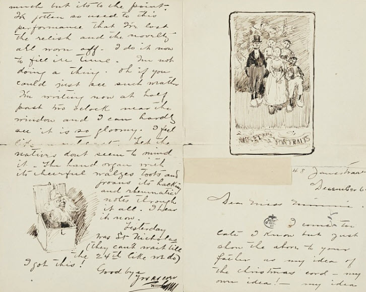 Postcard with handwriting & 2 drawn images: a costumed monkey emerging from a box & a family group portrait