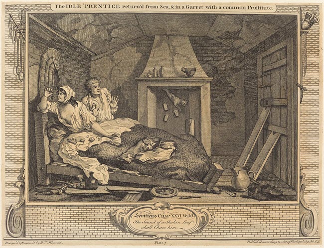 William_Hogarth,_The_Idle_'Prentice_return'd_from_Sea_&_in_a_Garret_with_a_common_Prostitute,_1747 Hogarth engraving of young man in bed with partially clothed woman