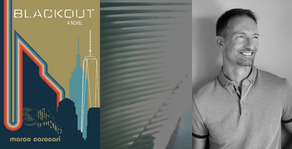Cover of Blackout, blurred image of new World Trade Center, portrait of author Marco Carocari