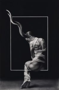 Graphite drawing of a nude woman partially wrapped in wide fabric ribbons. Elaborate antlers grow from her head