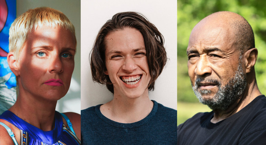 Intense woman with with short blond hair & blue eyes, smiling white teen with longish hair, older bearned black man