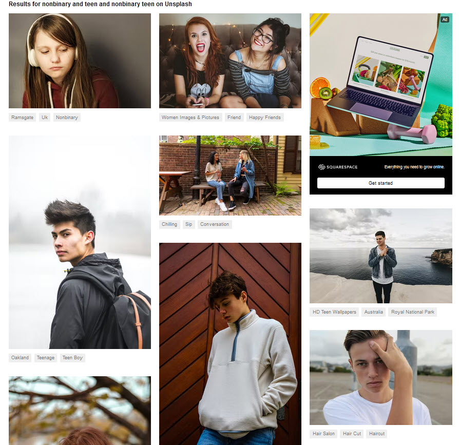 Screenshot of search results showing nonbinary teens