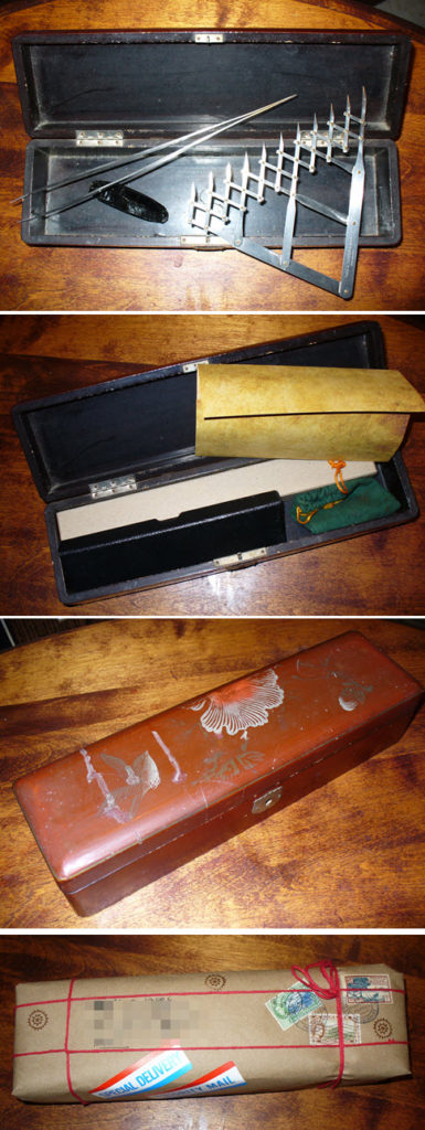 Top: vintage science instruments in open box; Next: same items in smaller paperboard boxes within wood box: Next: Wooden box closed, it has some artsy brushed on images on top; Bottom: Box wrapped in borwn wrapping paper, tied with red yarn, and with vintage postage stamps & special delivery stickers.
