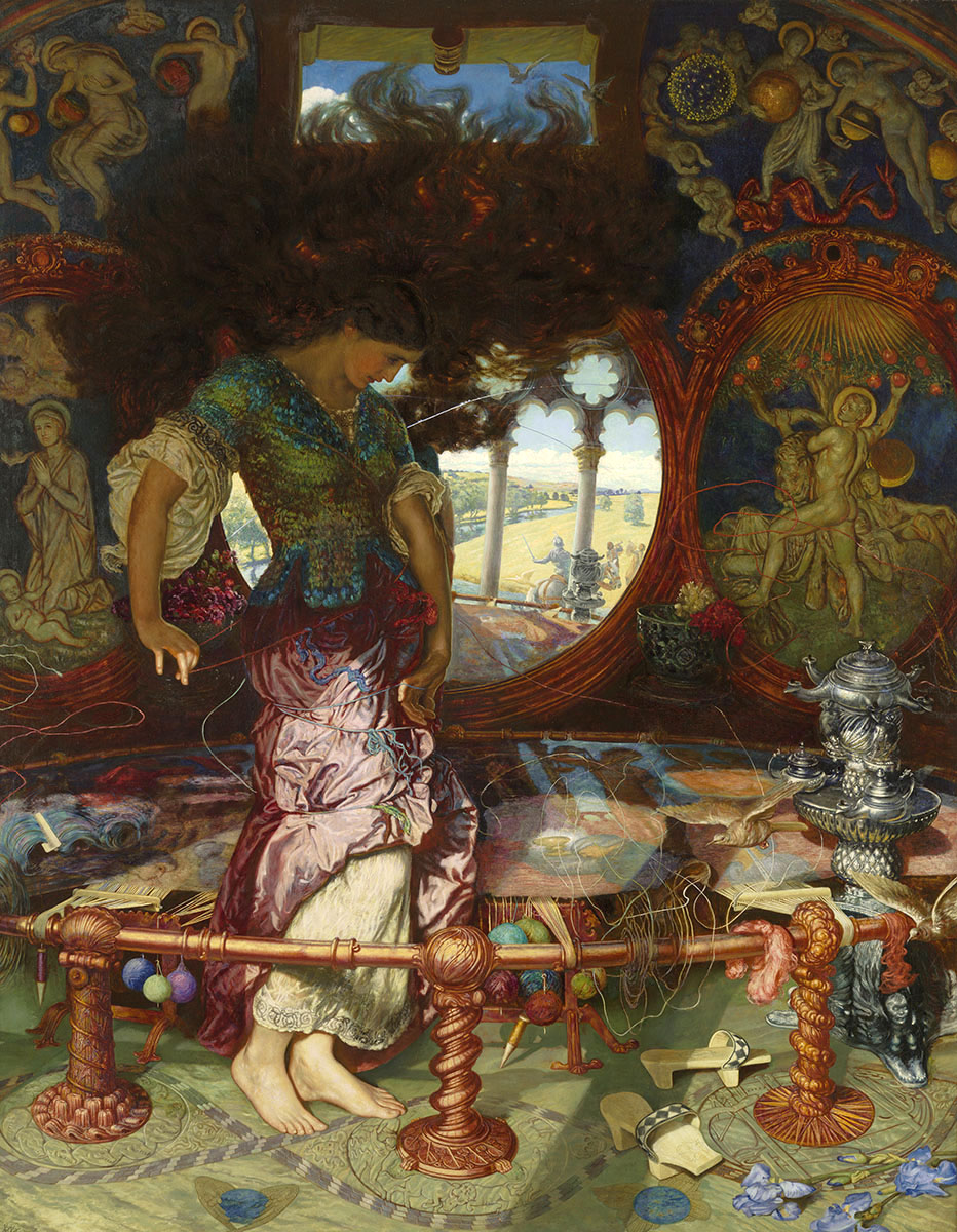 Lady of Challot by Hunt shows woman standing in center of elbaorte room looking out an arched window