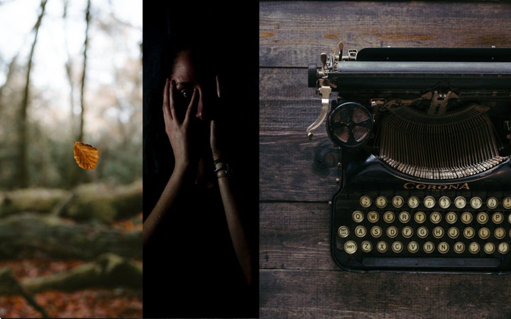 Leaf Fall Woman Stare Typewriter Left: single leaf falls with forest background, Center: woman with hands on face stares at camera, Right: old Corona typewriter on dark wooden desk
