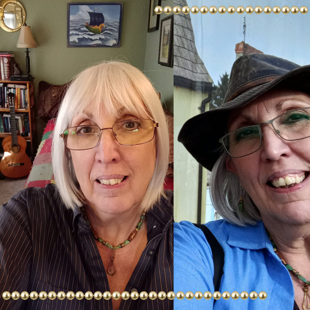 2 closeups of J.A. Jablonski, a white person with white chin-length hair & wire-rim eyeglasses.