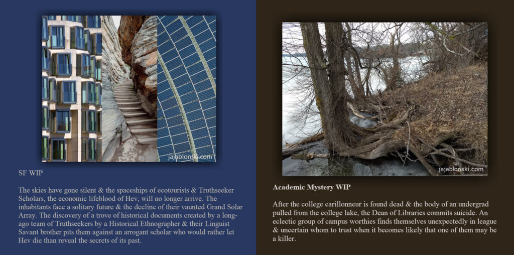 Side by side text sysnopses of JAJ academic mystery & SF books with text