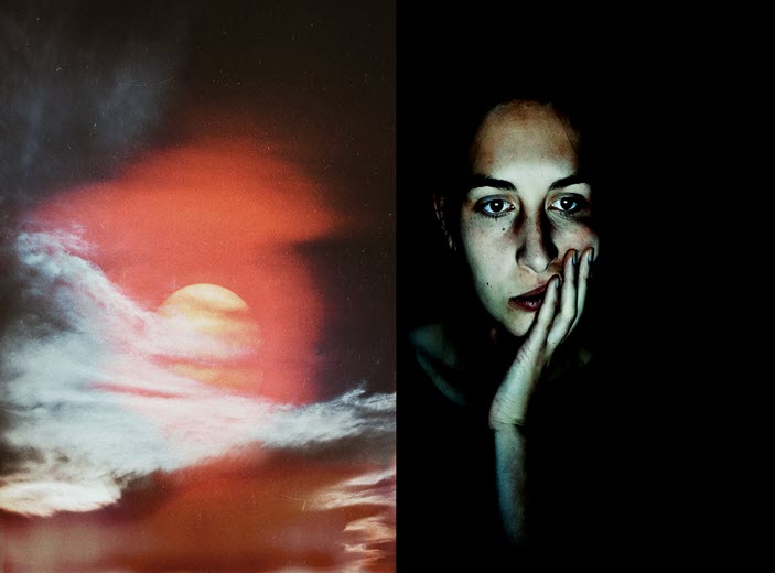 Left: swirling red sky with sun or moon masked by clouds. Right: Thoughtful woman with hand face ponders